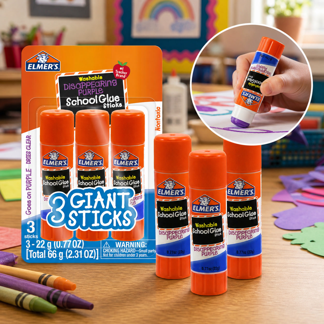 Art Craft Jumbo - 3 barras de pegamento escolar morado